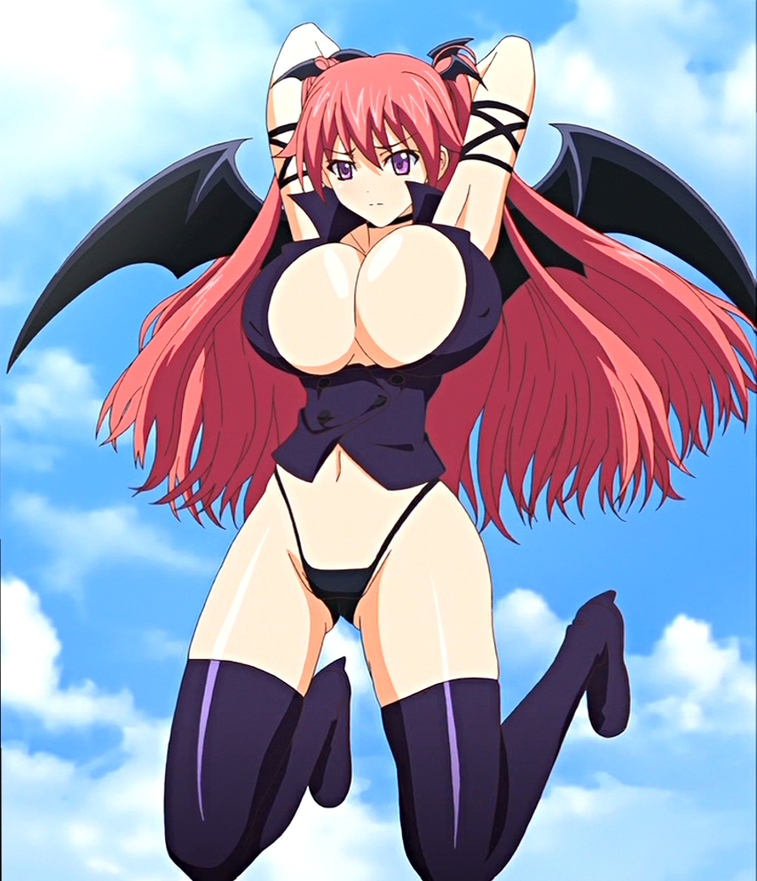 black_wings boots breasts cleavage cloud day demon_girl firika_mia_shatana flying long_hair nukidoki! purple_eyes red_hair screencap sky solo succubus thigh_boots thighhighs wings
