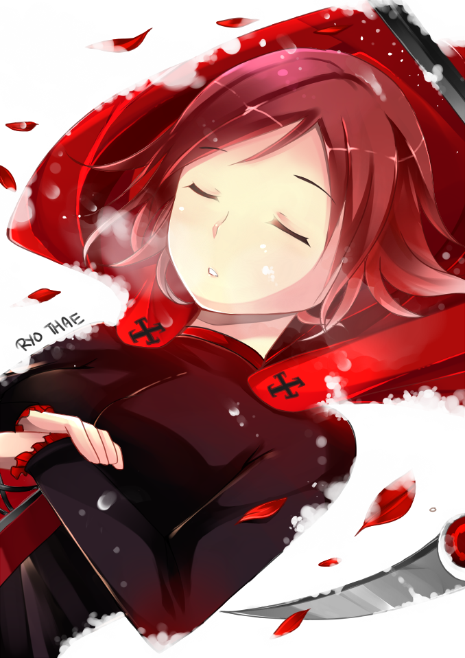 artist_name cape closed_eyes crescent_rose petals red_hair rose_petals ruby_rose rwby ryothae scythe short_hair snow solo weapon