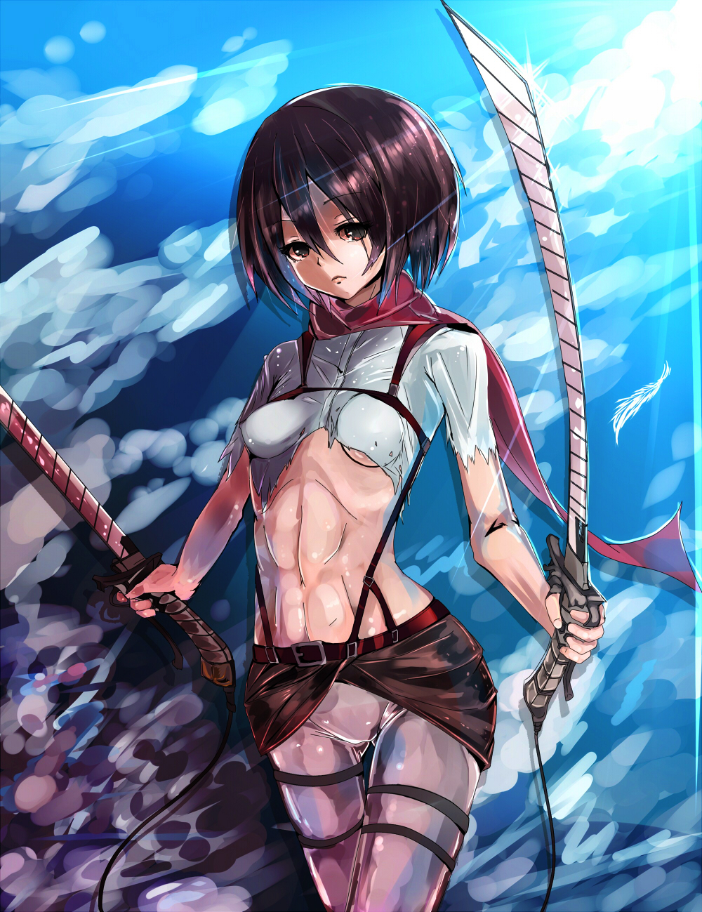 abs black_hair breasts dnm dual_wielding harness highres holding mikasa_ackerman red_scarf revision scarf shingeki_no_kyojin short_hair small_breasts solo sword thigh_strap three-dimensional_maneuver_gear torn_clothes weapon wet