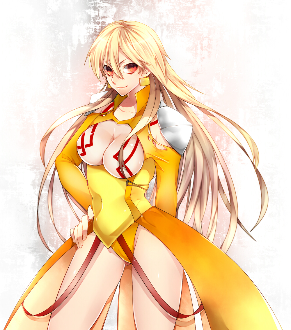 blonde_hair cleavage_cutout dress earrings fate/stay_night fate_(series) genderswap genderswap_(mtf) gilgamesh haine_(howling) hand_on_hip jewelry necklace no_nipples pauldrons red_eyes solo tattoo yellow_dress