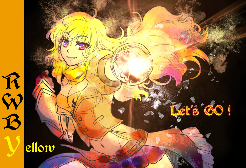 :d blonde_hair copyright_name english fire flame gauntlets heterochromia long_hair looking_at_viewer magic midriff multicolored multicolored_eyes navel open_mouth punching purple_eyes red_eyes rwby skirt smile solo steelgarden stomach upper_body weapon yang_xiao_long yellow