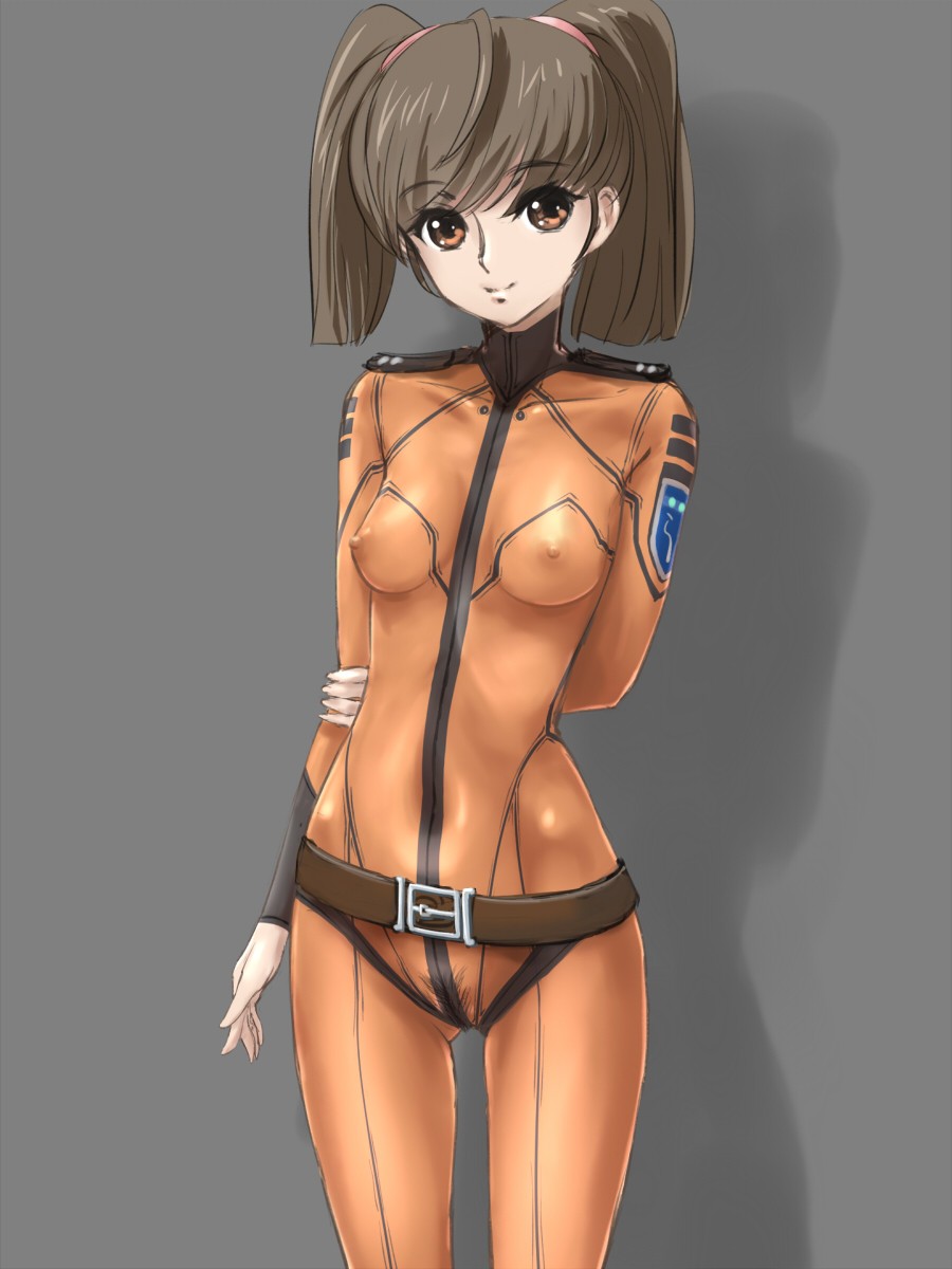 arm_behind_back belt blush bodypaint bodysuit breasts brown_eyes brown_hair hand_on_own_arm highres light_smile misaki_yuria naked_belt naked_paint nipples nude orange_bodysuit painted_clothes pubic_hair rasukaru short_hair short_twintails small_breasts smile solo twintails uchuu_senkan_yamato uchuu_senkan_yamato_2199