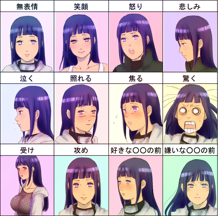 angry blue_hair blush breasts crying expression_chart expressions frown happy hime_cut hyuuga_hinata large_breasts naruto partially_translated purple_eyes shocked smile soda_(artist) soda_(wilkinsontansan) surprised translated translation_request