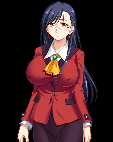 1girl blue_hair blush breasts covered_nipples earrings erect_nipples game_cg glasses highres hiiragi_chihiro hips huge_breasts jewelry long_hair looking_at_viewer nikushimi_no_rensa_injoku_kougi skirt solo standing teacher yellow_eyes