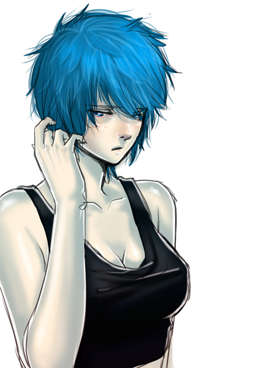 alternate_hair_length alternate_hairstyle blue_eyes blue_hair blush breasts cleavage commentary_request crop_top hand_in_hair leona_heidern medium_breasts nose pale_skin pemi short_hair shy solo tank_top the_king_of_fighters upper_body