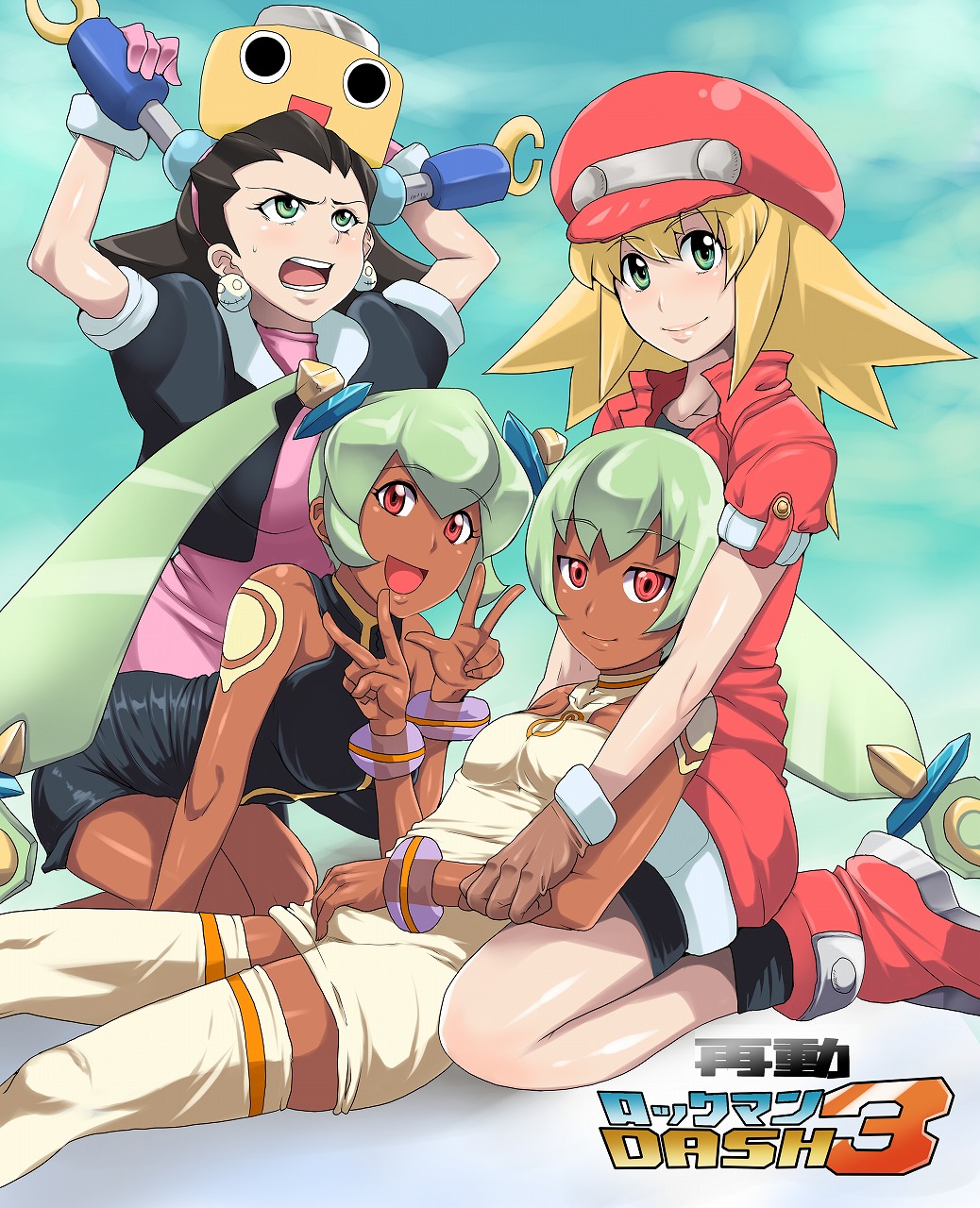 aqua_hair blonde_hair blush brown_hair cholesenel dark_skin green_eyes hair_slicked_back highres kobun multiple_girls pantyhose red_eyes red_shorts rockman rockman_dash roll_caskett sera_(rockman_dash) short_hair shorts sweat thighhighs tron_bonne v yuna_(rockman_dash)