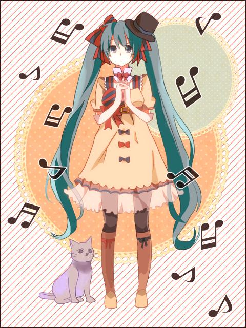 belt boots cat dress ennui_heiwa_miku green_hair hands_clasped hat hatsune_miku knee_boots long_hair musical_note own_hands_together pantyhose solo top_hat twintails very_long_hair vocaloid