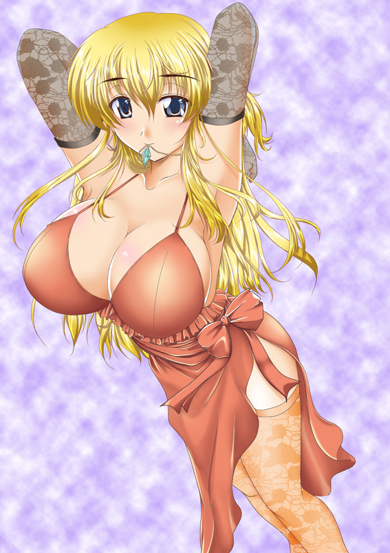 1girl armpits bare_shoulders blonde_hair blue_eyes breasts dress elbow_gloves female gloves hand_behind_head huge_breasts jewelry long_hair mouth_hold nanami_(pixiv852700) necklace original skirt solo standing thighhighs