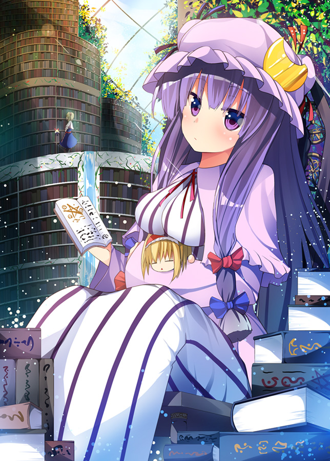 alice_margatroid blonde_hair blue_dress book book_stack bookshelf breast_rest breasts capelet chair character_doll crescent doll_hug dress hair_ribbon hairband hat large_breasts library lolita_hairband looking_at_viewer masa_(miyabitei) multiple_girls panties patchouli_knowledge purple_eyes purple_hair ribbon shanghai_doll sitting striped striped_dress touhou tress_ribbon underwear water waterfall