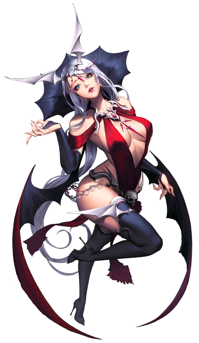 alternate_costume bare_shoulders black_legwear blue_eyes boots breasts bridal_gauntlets center_opening chaos_online demon_girl demon_wings full_body halter_top halterneck head_tilt high_heels hips large_breasts long_hair looking_at_viewer love_cacao nivas revealing_clothes shoes skull solo thigh_boots thighhighs tiara transparent_background white_hair wings