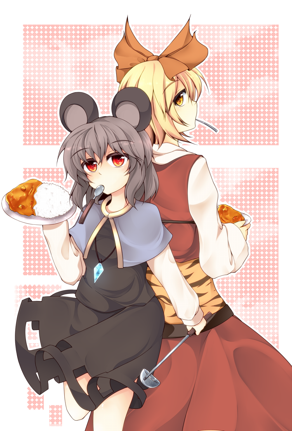 animal_ears blonde_hair flat_chest food grey_hair highres ladle midori_(misuriru8) mouse_ears multiple_girls nazrin red_eyes short_hair toramaru_shou touhou