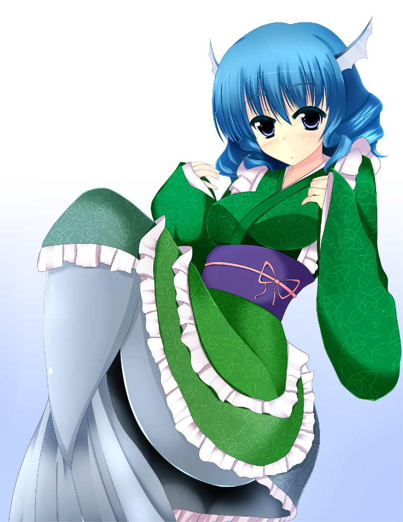 blue_eyes blue_hair frills head_fins japanese_clothes mermaid monster_girl nitoridio obi sash solo touhou wakasagihime wide_sleeves