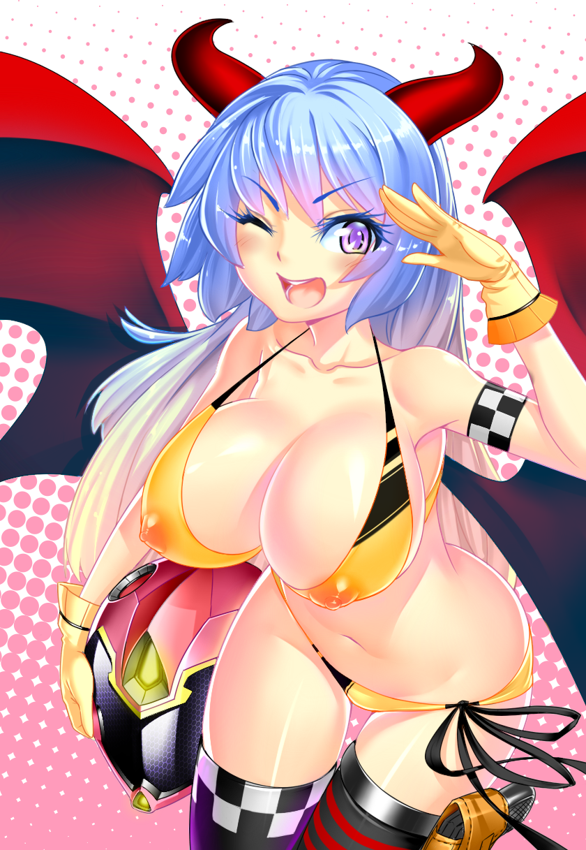 armband bikini blonde_hair blue_hair blush breasts cleavage covered_nipples demon_horns demon_wings eyebrows eyebrows_visible_through_hair gloves gradient_hair gun helmet highres holster horns huge_breasts lucknight multicolored_hair navel one_eye_closed open_mouth original puffy_nipples purple_eyes salute shiny shiny_skin side-tie_bikini smile solo strap_gap swimsuit thigh_gap thigh_holster thighhighs weapon wings