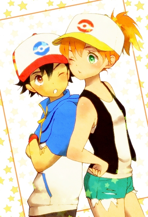 1girl :t back-to-back bare_shoulders baseball_cap black_hair brown_eyes cosplay crossed_arms exposed_pocket green_eyes hands_on_hips hat hood hoodie kasumi_(pokemon) orange_hair pokemon pokemon_(anime) pokemon_(classic_anime) pokemon_bw_(anime) ponytail popela satoshi_(pokemon) short_hair shorts simple_background star touko_(pokemon) touko_(pokemon)_(cosplay) vest white_background