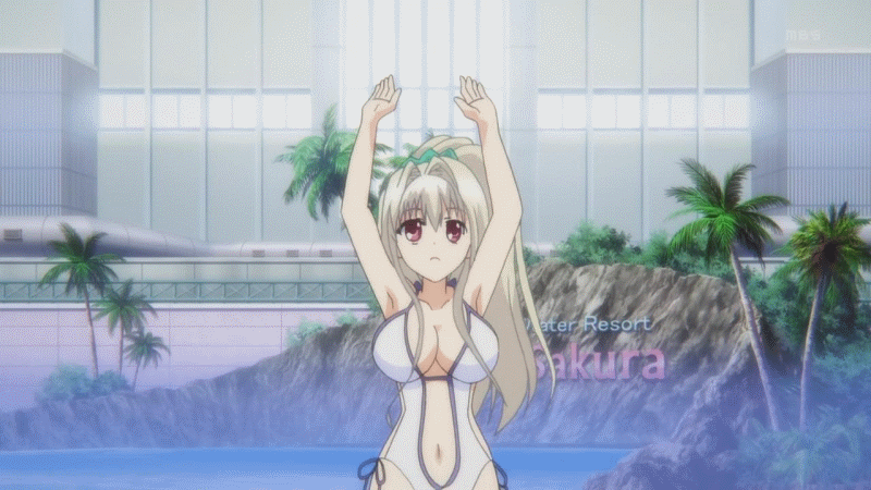 1girl animated animated_gif blonde_hair blush bouncing_breasts breasts censored convenient_censoring covering covering_breasts da_capo da_capo_iii embarrassed hair_censor hair_over_breasts large_breasts swimsuit wardrobe_malfunction yoshino_charles