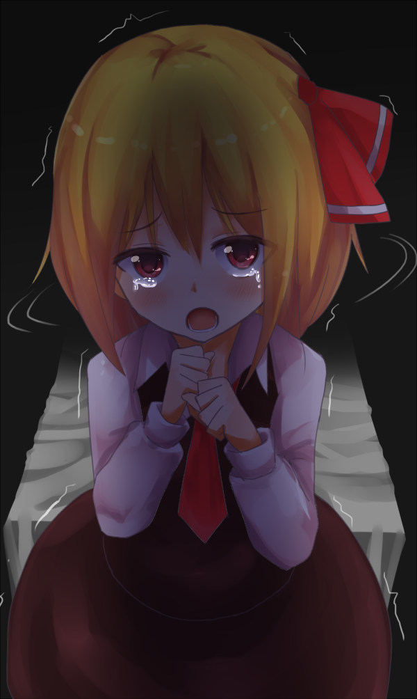 blonde_hair cassandra_(seishun_katsu_sando) hair_ribbon hands_clasped necktie own_hands_together red_eyes ribbon rumia scared solo tears touhou trembling