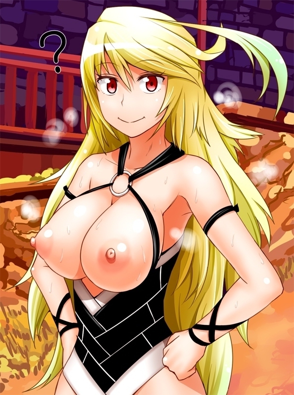 ? ahoge blonde_hair blush breastless_clothes breasts hands_on_hips large_breasts long_hair looking_at_viewer milla_maxwell nipples red_eyes smile solo sweat taguchi_takahiro tales_of_(series) tales_of_xillia
