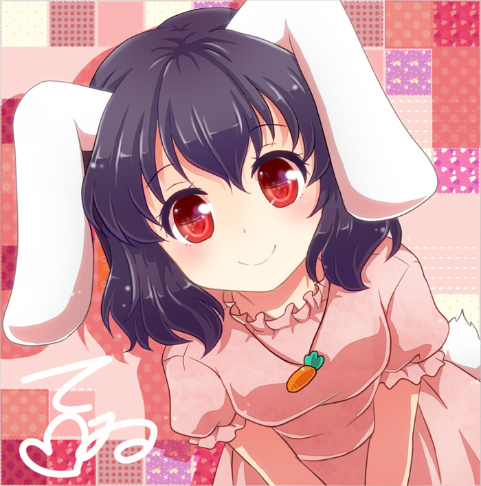 animal_ears black_hair blush bunny_ears bunny_tail carrot carrot_necklace dress inaba_tewi jewelry looking_at_viewer necklace pendant short_hair smile tail touhou zashiki_usagi
