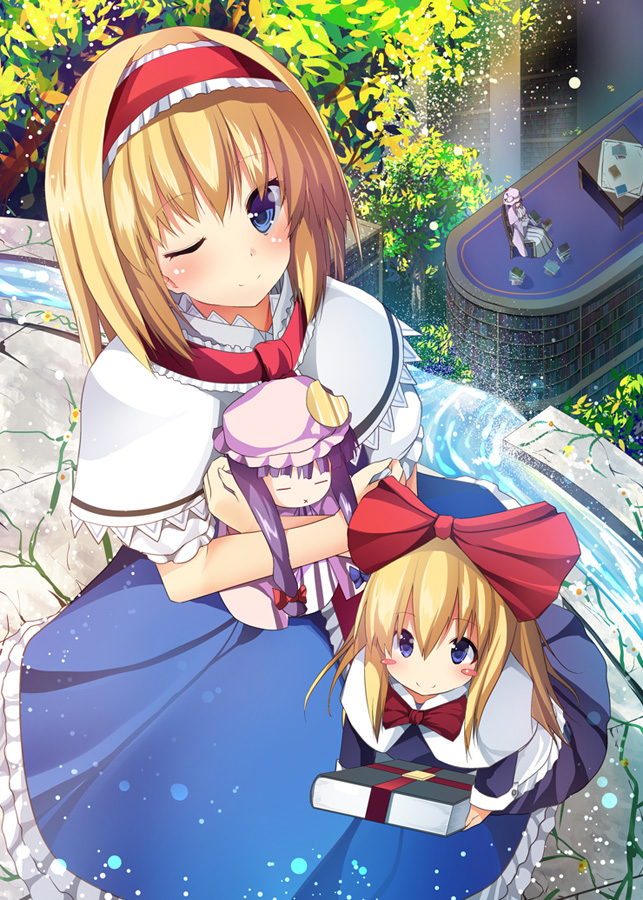 alice_margatroid blonde_hair blue_dress book book_stack bookshelf capelet chair character_doll dress hairband library lolita_hairband looking_at_viewer masa_(miyabitei) multiple_girls patchouli_knowledge purple_hair shanghai_doll sitting smile striped striped_dress touhou underwear water