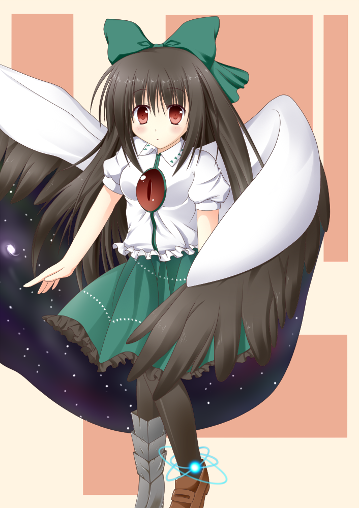 :o bad_id bad_pixiv_id black_hair blouse blush bow cape greaves hair_bow light_trail long_hair looking_at_viewer mismatched_footwear pantyhose red_eyes reiuji_utsuho short_sleeves simple_background siroimoyasi skirt solo star star_print striped striped_background third_eye touhou wings