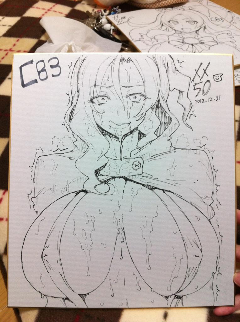 2012 bikini breasts cloak covered_nipples cum cum_on_body cum_on_hair cum_on_upper_body dated facial hood huge_breasts licking_lips majorina meme50 monochrome nipples photo precure shikishi slingshot_swimsuit smile_precure! solo swimsuit tongue tongue_out traditional_media