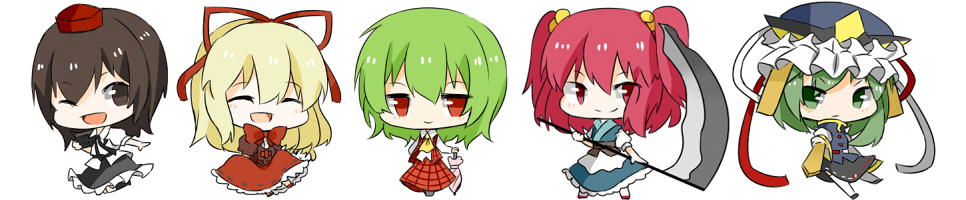 bad_id bad_pixiv_id black_eyes blonde_hair bow brown_hair closed_eyes green_eyes green_hair hat katori_(quietude) kazami_yuuka medicine_melancholy multiple_girls one_eye_closed onozuka_komachi phantasmagoria_of_flower_view pink_hair red_eyes ribbon scythe shameimaru_aya shiki_eiki short_hair simple_background touhou two_side_up umbrella white_background