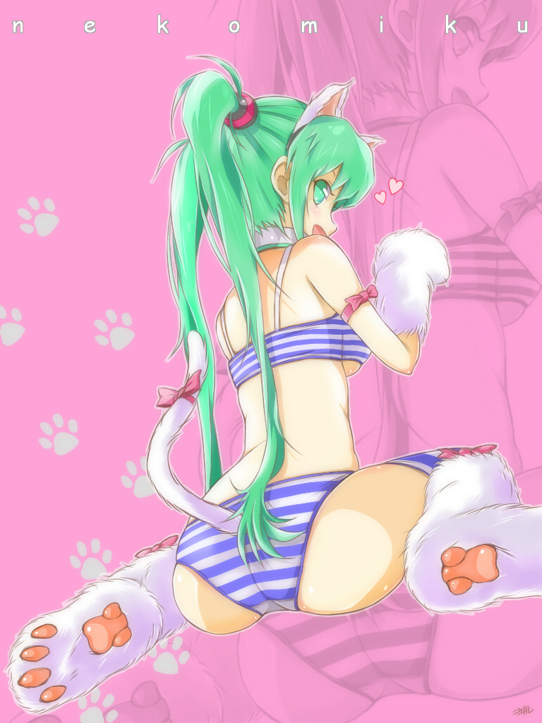 animal_ears bra cat_ears cat_paws cat_tail character_name from_behind green_eyes green_hair hatsune_miku kowiru long_hair open_mouth panties paws sitting solo striped striped_bra striped_legwear striped_panties tail thighhighs twintails underwear underwear_only vocaloid wariza zoom_layer