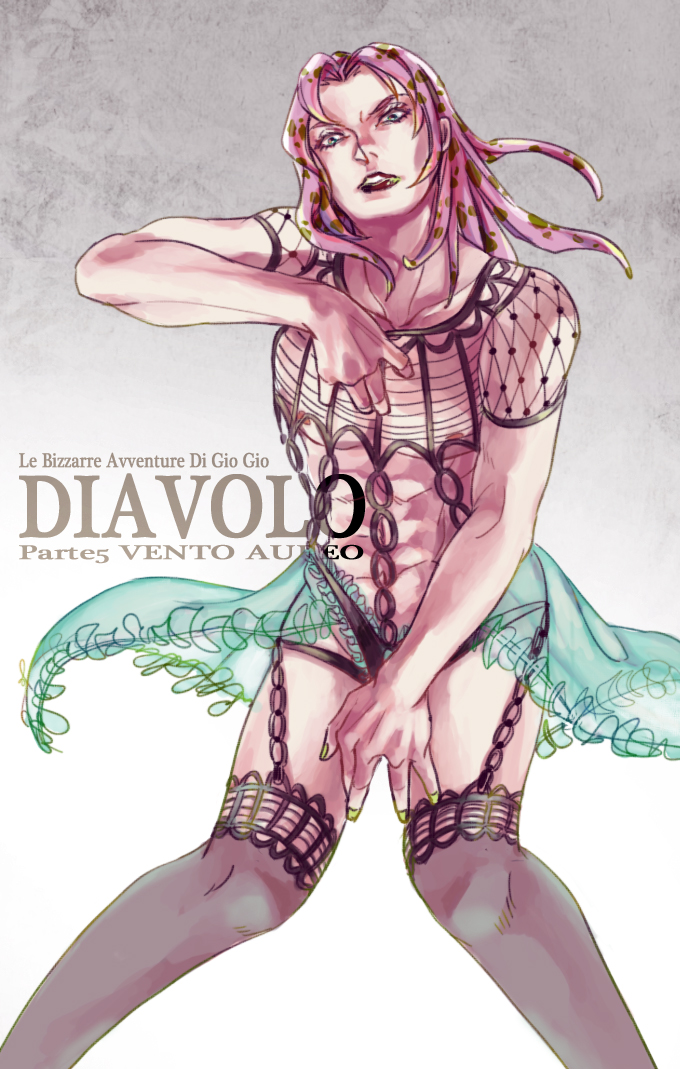 adapted_costume afei bad_id bad_pixiv_id crossdressing diavolo garter_straps jojo_no_kimyou_na_bouken lace lace-trimmed_thighhighs lipstick long_hair makeup male_focus pink_hair skirt solo thighhighs