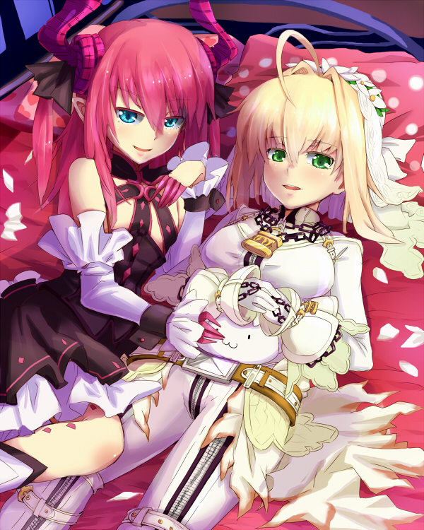 ahoge blonde_hair blue_eyes blush bodysuit breasts cat claws detached_sleeves dress elizabeth_bathory_(fate) elizabeth_bathory_(fate)_(all) fate/extra fate/extra_ccc fate_(series) green_eyes horns lock long_hair looking_at_viewer medium_breasts multiple_girls nero_claudius_(bride)_(fate) nero_claudius_(fate)_(all) padlock pink_hair pointy_ears tail two_side_up veil yude