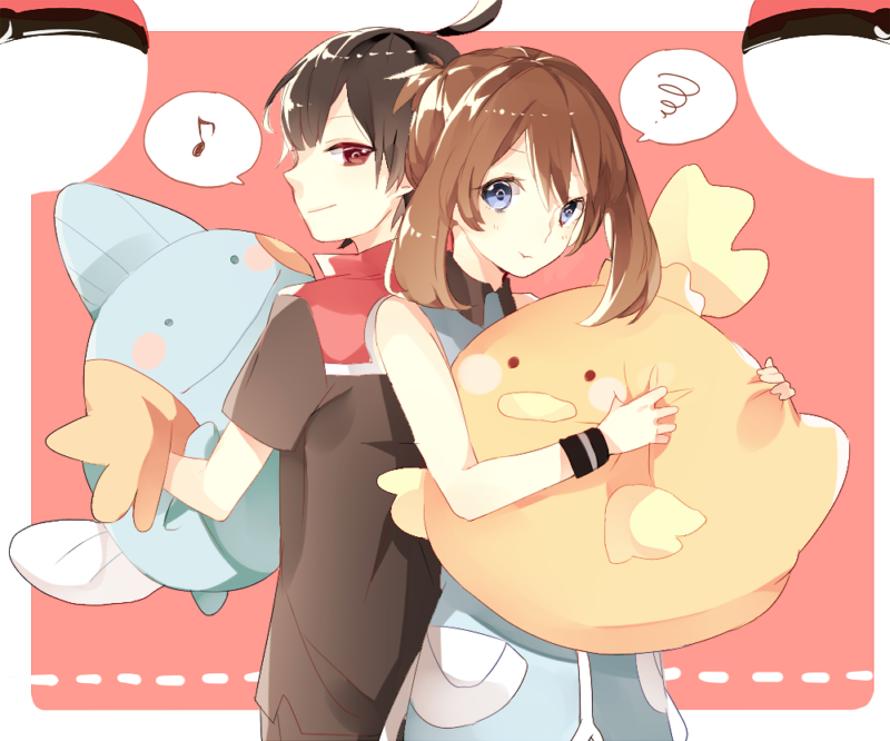 1girl back-to-back bad_id bad_pixiv_id black_hair blue_eyes blush_stickers brown_hair character_doll couple eighth_note gen_3_pokemon mudkip musical_note odamaki_sapphire poke_ball pokemon pokemon_(creature) pokemon_special prin_dog red_eyes ruby_(pokemon) short_hair smile spoken_musical_note spoken_squiggle squiggle torchic wristband