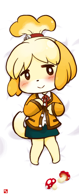 anthro artist_request bell black_sclera blonde_hair blouse blush canine cardigan chibi cute dog doubutsu_no_mori female green_skirt hair hair_bun isabelle_(animal_crossing) mammal mushrooms nintendo ribbons shizue_(animal_crossing) shizue_(doubutsu_no_mori) smile solo unknown_artist video_games