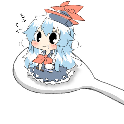 black_eyes blue_hair blush bowl chopsticks eating hat kamishirasawa_keine long_hair lowres rebecca_(keinelove) rice spoon touhou