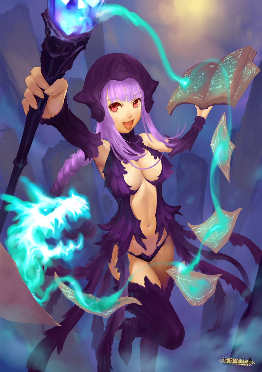 ariverkao book braid breasts center_opening detached_sleeves flying_paper hat helmet high_heels highres large_breasts long_hair looking_at_viewer magic navel open_mouth original pages paper purple_hair red_eyes solo sorceress spell staff thighhighs