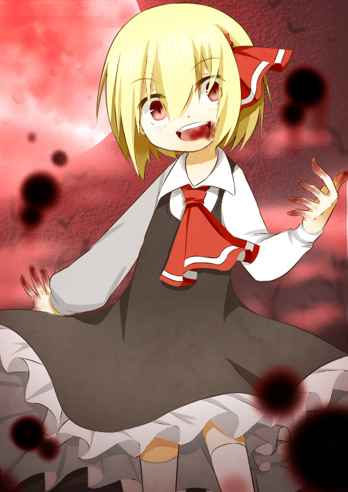 bad_id bad_pixiv_id black_dress blonde_hair blood blood_from_mouth bloody_hands crazy_eyes crazy_smile darkness dress full_moon head_tilt katori_(quietude) long_sleeves looking_at_viewer moon night night_sky open_mouth outdoors petticoat red_eyes red_neckwear ribbon rumia short_hair sketch_eyebrows sky smile standing touhou white_legwear