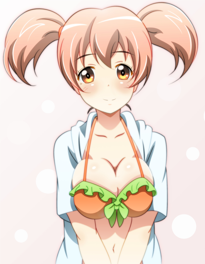 bad_id bad_pixiv_id bikini blush breast_squeeze breasts brown_eyes brown_hair cleavage hataraku_maou-sama! large_breasts looking_at_viewer navel sasaki_chiho smile solo spiceg swimsuit twintails