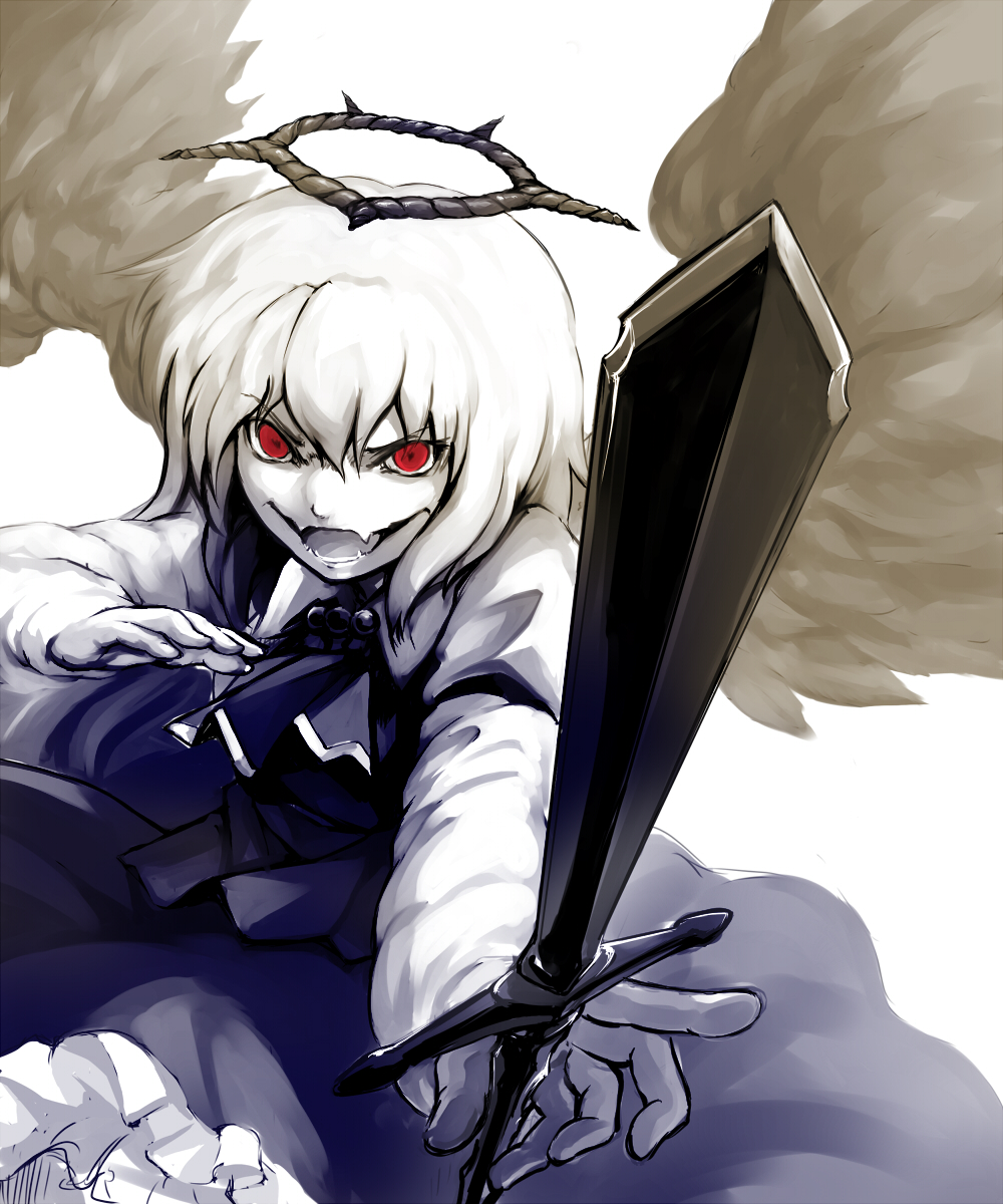 bad_id bad_pixiv_id blouse evil_smile ex-rumia fangs halo highres necktie omisodama open_mouth red_eyes rumia short_hair skirt smile sword touhou vest weapon wings
