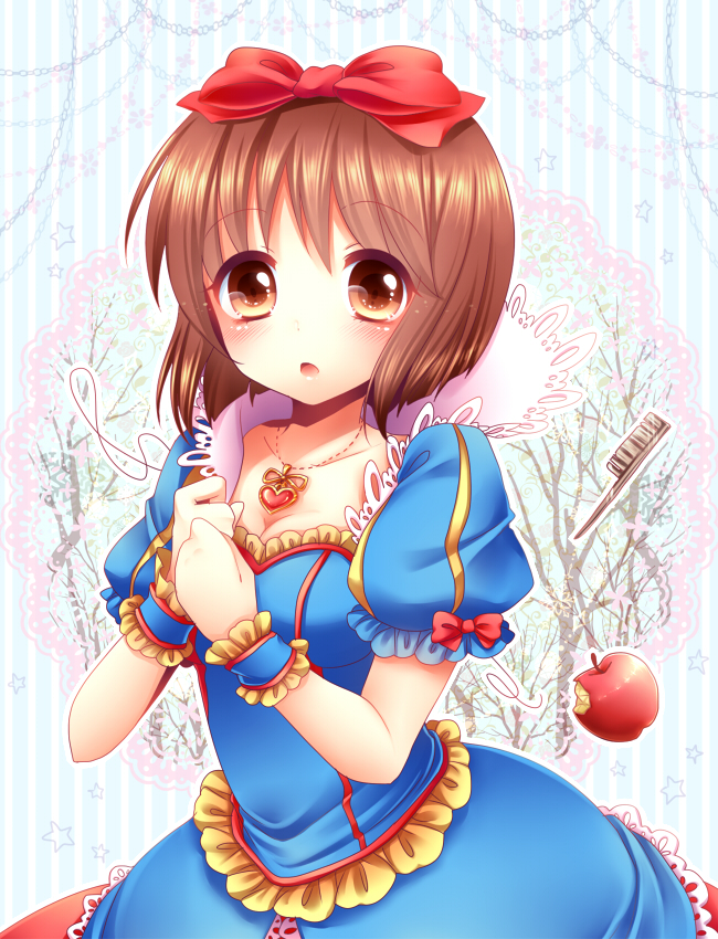 apple bad_id bad_pixiv_id blush bow brown_hair collarbone comb cosplay food fruit hagiwara_yukiho hair_bow heart idolmaster idolmaster_(classic) idolmaster_cinderella_girls jewelry necklace open_mouth puffy_short_sleeves puffy_sleeves sanotsuki short_hair short_sleeves snow_white snow_white_and_the_seven_dwarfs solo star yellow_eyes