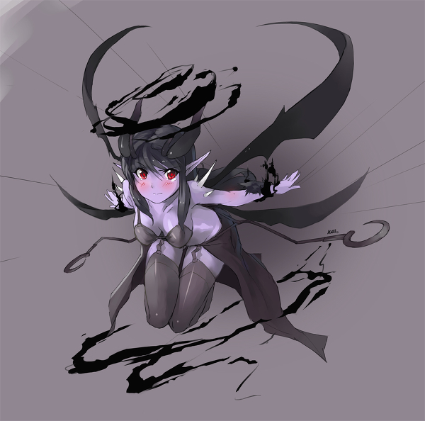 black_hair blush breasts cleavage dungeon_and_fighter genderswap horns image_sample md5_mismatch monster_girl nellen ozma_(dungeon_and_fighter) pixiv_sample pointy_ears purple_skin red_eyes simple_background solo thighhighs wings