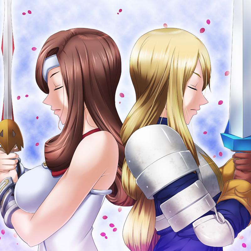 agrias_oaks akimichi armor back-to-back beatrix blonde_hair bracelet braid breasts brown_hair closed_eyes eyepatch final_fantasy final_fantasy_ix final_fantasy_tactics gloves jewelry large_breasts long_hair multiple_girls save_the_queen single_braid sword trait_connection weapon weapon_connection