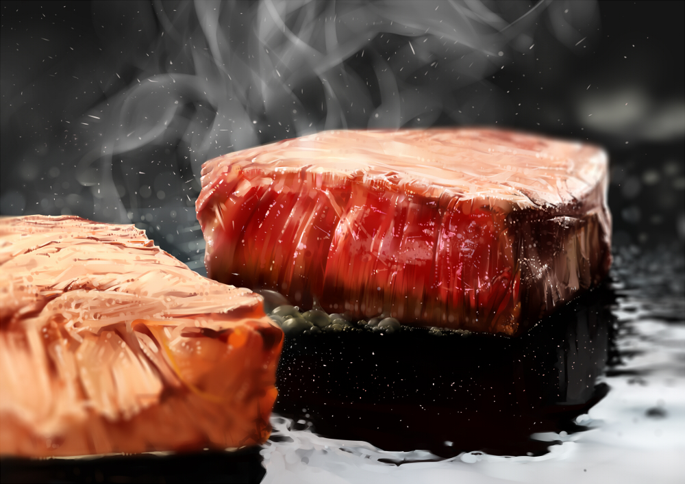 depth_of_field food li27n meat no_humans original photorealistic smoke steak