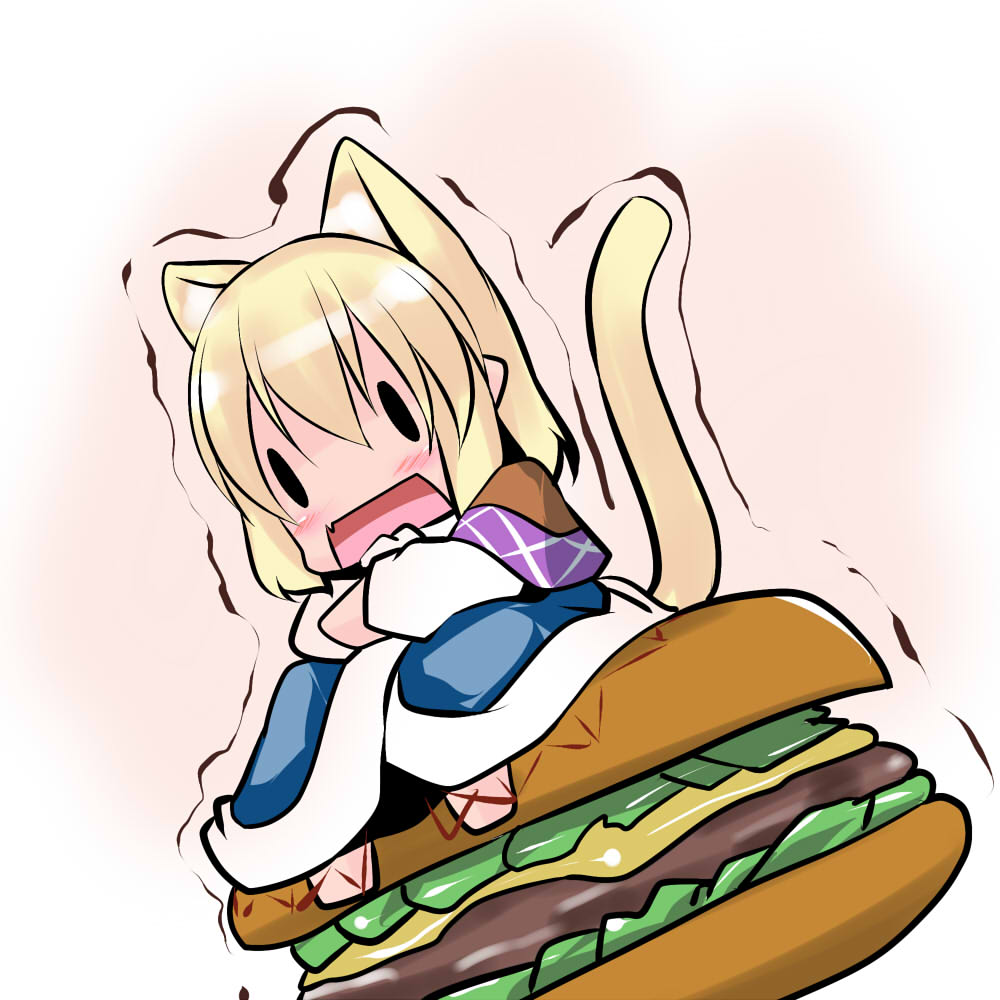 animal_ears blonde_hair chibi food hamburger hoshizuki_(seigetsu) mizuhashi_parsee puru-see short_hair solo tail touhou trembling |_|