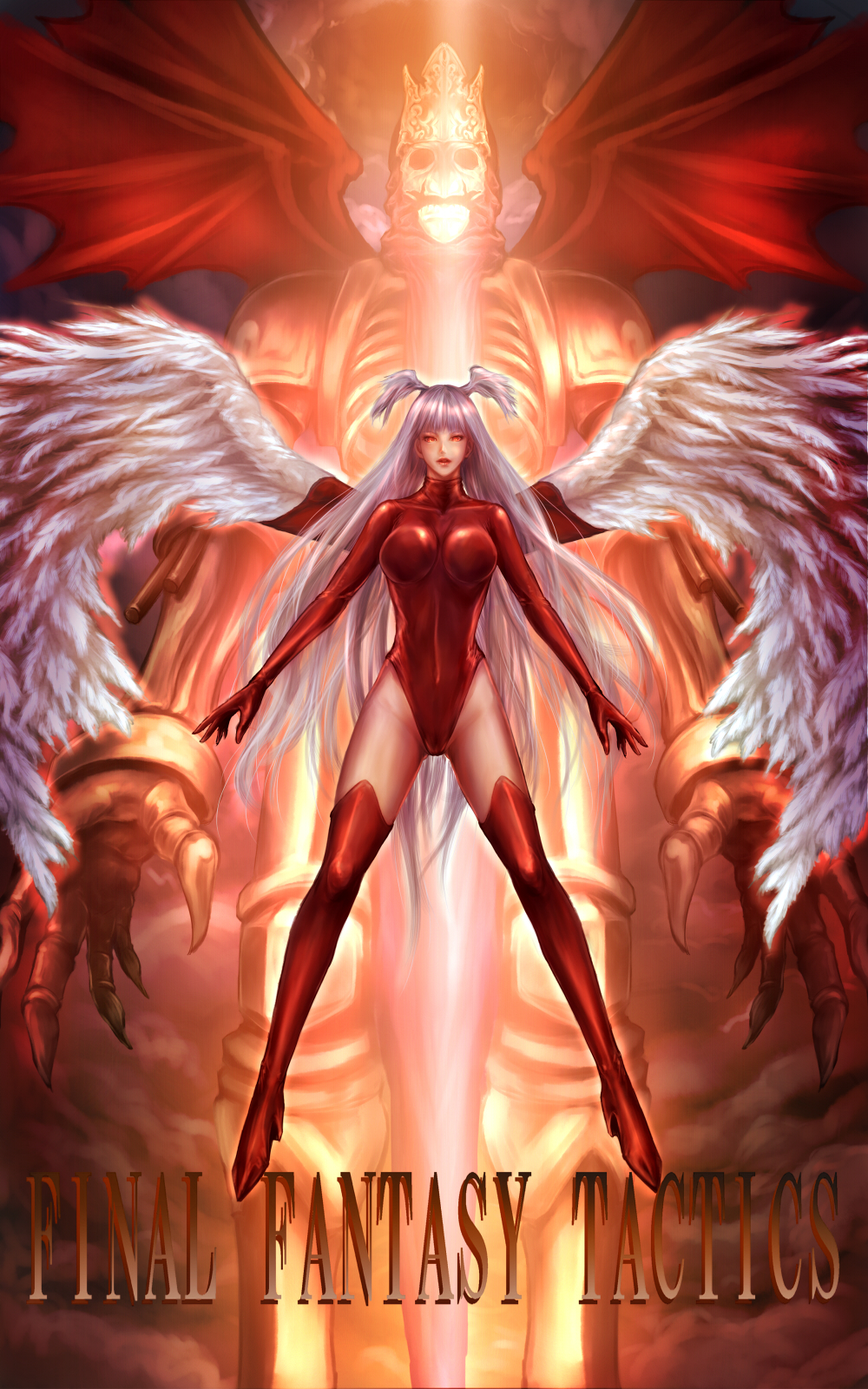 angel_wings armor aura bangs bat_wings boots bracelet breasts breasts_apart cloud cloudy_sky copepe copyright_name crown dual_persona final_fantasy final_fantasy_tactics gloves glowing glowing_eyes groin head_wings high_heel_boots high_heels highleg highleg_leotard highres jewelry large_breasts legs_apart leotard lips long_hair looking_at_viewer outdoors outline parted_lips pauldrons red_eyes red_footwear red_legwear red_leotard silver_hair size_difference skeleton sky thigh_boots thighhighs turtleneck ultima_(fft) very_long_hair white_wings wings