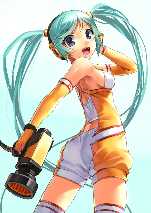 :d aqua_hair blush breasts cowboy_shot elbow_gloves gloves hands_on_headphones hatsune_miku headphones katahira_masashi long_hair looking_at_viewer looking_back open_mouth sideboob small_breasts smile solo thighhighs twintails very_long_hair vocaloid
