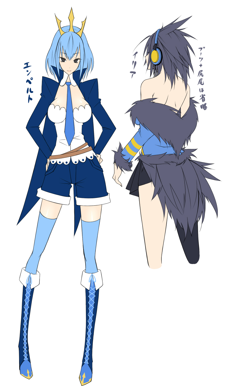 2girls bare_shoulders black_hair blue_hair empoleon emukon highres luxray miniskirt multiple_girls personification pokemon skirt