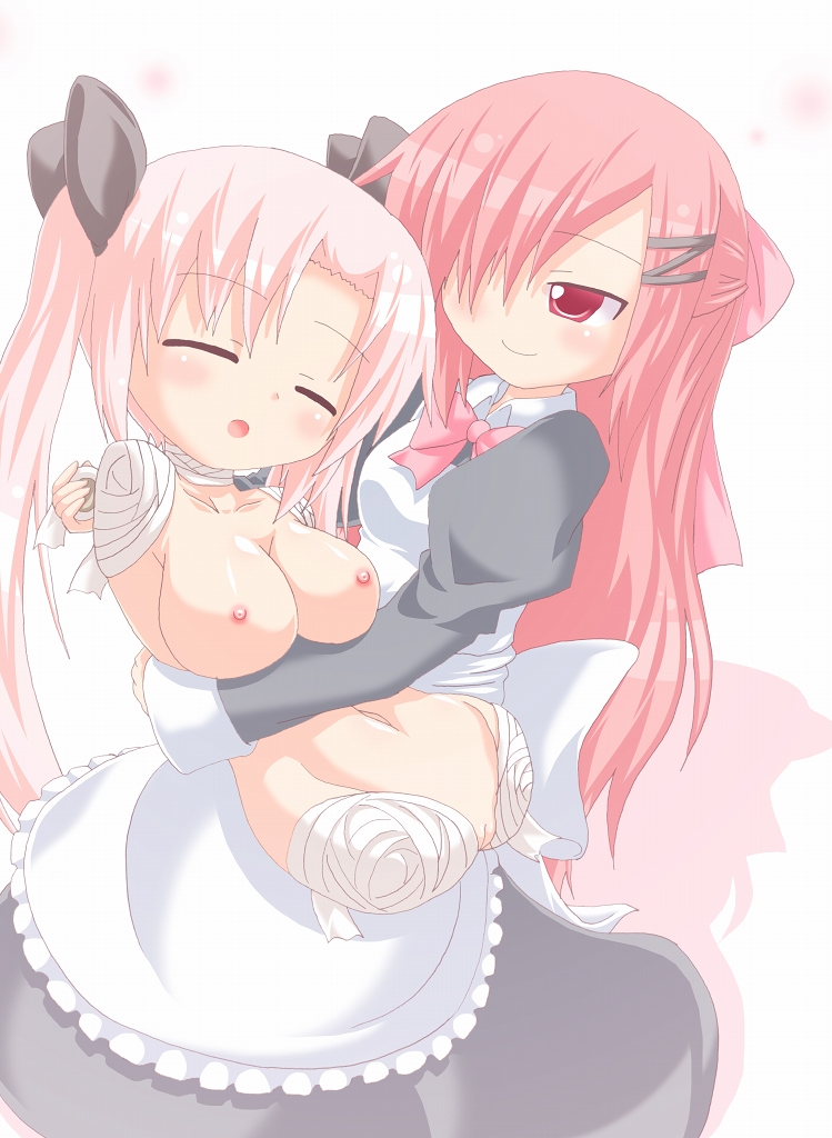 amputee apron bandage blush breasts clothed_female_nude_female daizu0607 eyes_closed female maid maid_apron multiple_girls navel nipples nude open_mouth original pink_hair pussy quadruple_amputee red_eyes short_hair smile twintails uncensored yuri