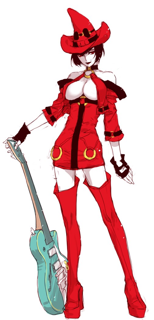 bare_shoulders black_hair boots breasts choker cleavage detached_sleeves dress electric_guitar fingerless_gloves full_body gloves guilty_gear guitar hat i-no instrument large_breasts lipstick makeup mole mole_above_mouth no_bra pale_skin red_eyes red_hat red_legwear short_dress short_hair simple_background smile solo thigh_boots thighhighs usuba_kagero white_background witch_hat zettai_ryouiki