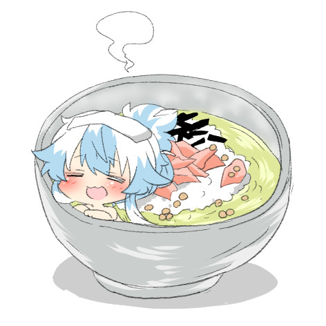 blue_hair blush bowl chibi closed_eyes food in_bowl in_container in_food kamishirasawa_keine long_hair lowres minigirl open_mouth rebecca_(keinelove) rice smile soup steam touhou towel