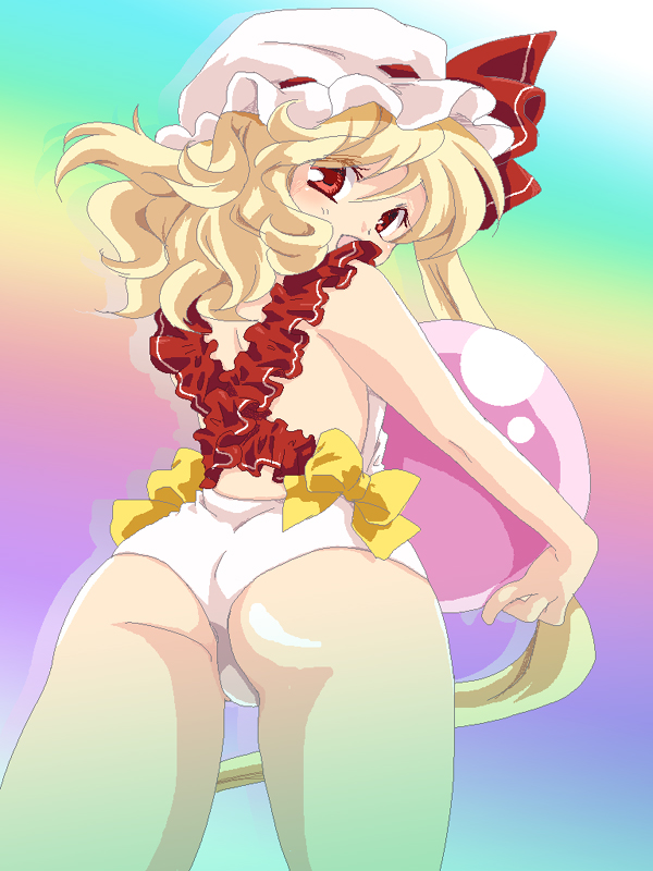 ass ball beachball blonde_hair bow flandre_scarlet hat long_hair looking_back moyashi_onna open_mouth red_eyes solo swimsuit touhou wings