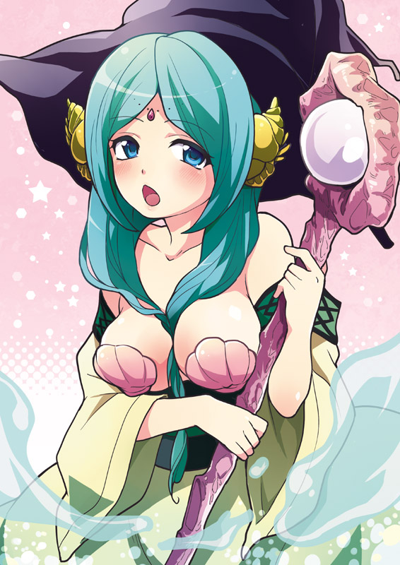 aqua_hair bare_shoulders between_breasts blue_eyes blush breasts chestnut_mouth front_ponytail hat long_hair magi_the_labyrinth_of_magic open_mouth shell shell_bikini solo staff suika_soda water witch_hat yamuraiha