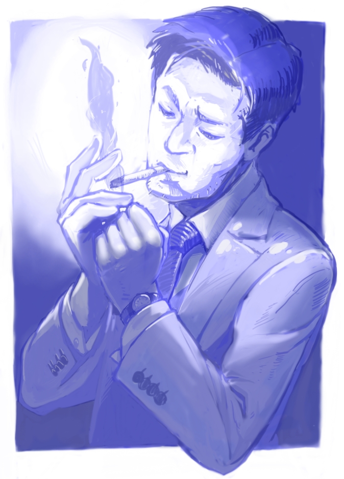 blue cigarette inogashira_gorou kodoku_no_gourmet kousaku monochrome short_hair smoking yukkuri_youmu_to_hontou_wa_kowai_cthulhu_shinwa